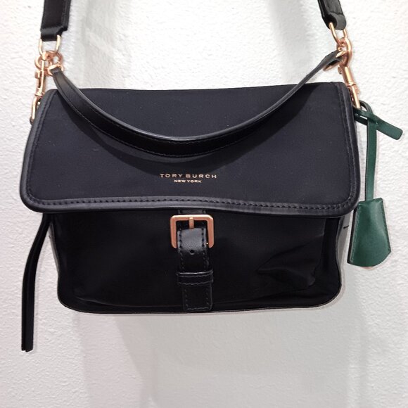 TORY BURCH Handbags - Tory Burch Black Crossbody with Gold Hardware and Green Tag